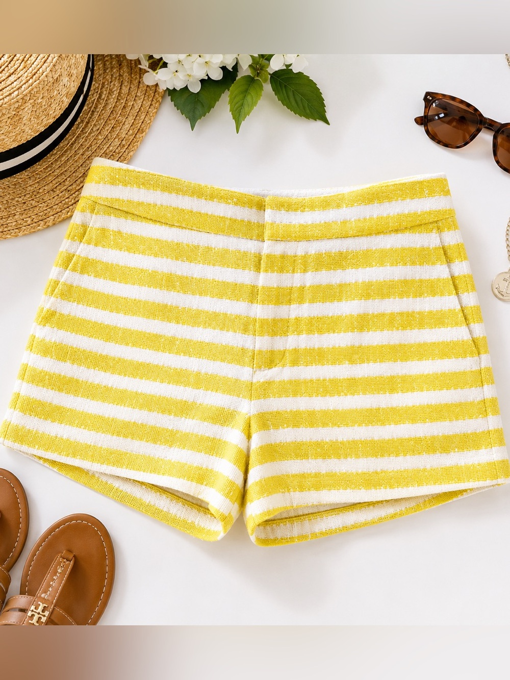 J.Crew Factory Lemon Stripe Cotton Shorts Size 2 Beach Coastal